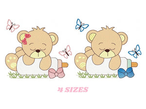 Baby Bear with bottle embroidery designs - Sleeping Teddy embroidery design machine embroidery pattern - Boy and girl - Instant download pes