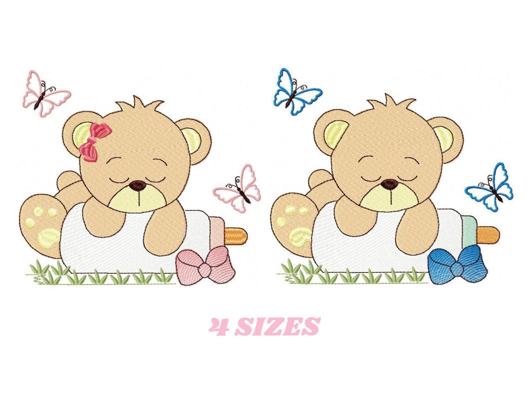 Baby Bear with bottle embroidery designs - Sleeping Teddy embroidery design machine embroidery pattern - Boy and girl - Instant download pes