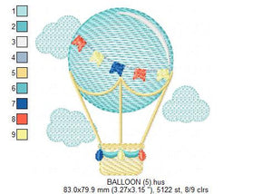 Balloon embroidery designs - Hot air balloon embroidery design machine embroidery pattern - Sky clouds embroidery file - instant download