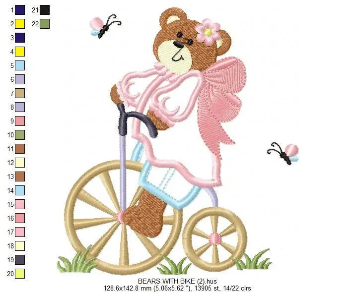 Bear embroidery designs - Teddy embroidery design machine embroidery pattern - Angel bear in a bike embroidery - Bear applique design baby Marcia Embroidery