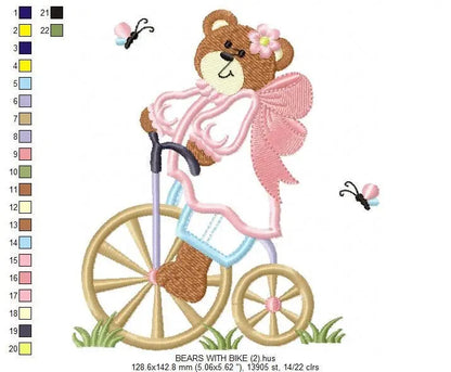 Bear embroidery designs - Teddy embroidery design machine embroidery pattern - Angel bear in a bike embroidery - Bear applique design baby Marcia Embroidery