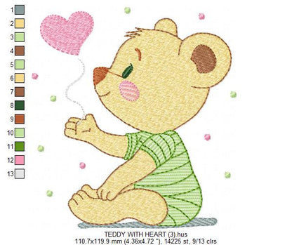 Bear embroidery designs - Teddy Bear with heart machine embroidery pattern - Baby boy file - Instant digital download pes jef dst hus vp3
