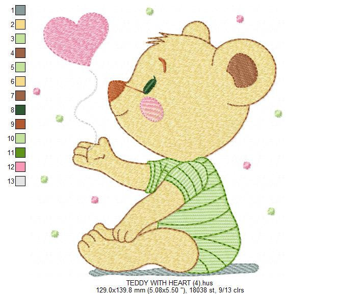 Bear embroidery designs - Teddy Bear with heart machine embroidery pattern - Baby boy file - Instant digital download pes jef dst hus vp3