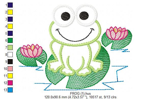 Frog Applique embroidery designs - Lake Animal with water lilly machine embroidery pattern - Happy Frog face file - Instant download pes jef