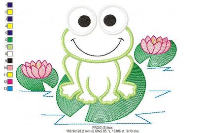 Frog Applique embroidery designs - Lake Animal with water lilly machine embroidery pattern - Happy Frog face file - Instant download pes jef