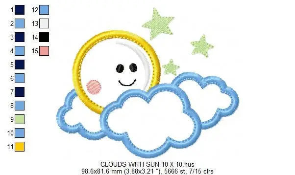 Cloud embroidery design - Moon and stars machine embroidery pattern - Baby boy sky file - Night applique design - Instant digital download Marcia Embroidery