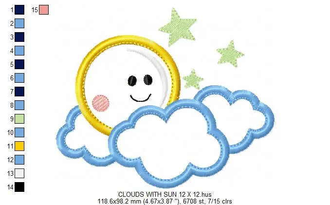 Cloud embroidery design - Moon and stars machine embroidery pattern - Baby boy sky file - Night applique design - Instant digital download Marcia Embroidery