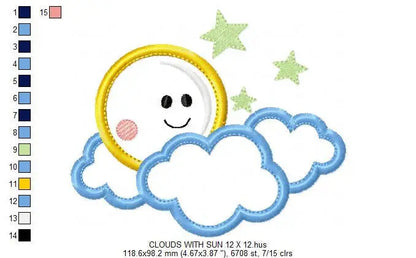 Cloud embroidery design - Moon and stars machine embroidery pattern - Baby boy sky file - Night applique design - Instant digital download Marcia Embroidery