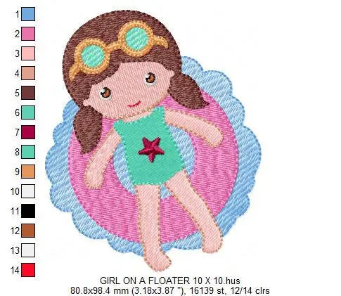 Swimmer embroidery designs - Baby girl with pool floater machine embroidery pattern - Instant digital download pes jef dst hus vp3 xxx vip Marcia Embroidery