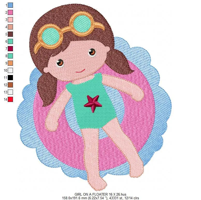 Swimmer embroidery designs - Baby girl with pool floater machine embroidery pattern - Instant digital download pes jef dst hus vp3 xxx vip Marcia Embroidery