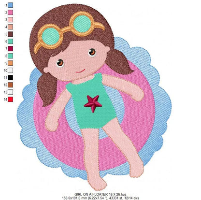 Swimmer embroidery designs - Baby girl with pool floater machine embroidery pattern - Instant digital download pes jef dst hus vp3 xxx vip Marcia Embroidery