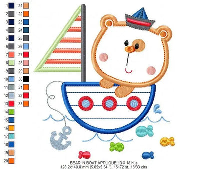 Bear embroidery designs - Sailor embroidery design machine embroidery pattern - Sailor bear with boat applique design - instant download pes Marcia Embroidery