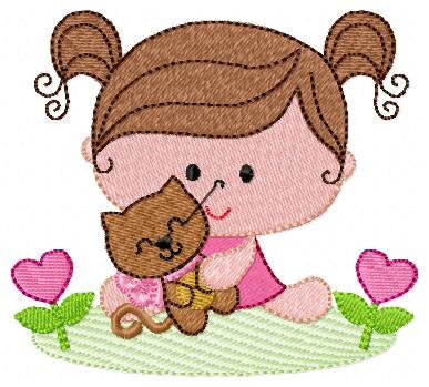 Baby girl embroidery designs - Toddler embroidery design machine embroidery pattern - girl with cat spring garden - instant download