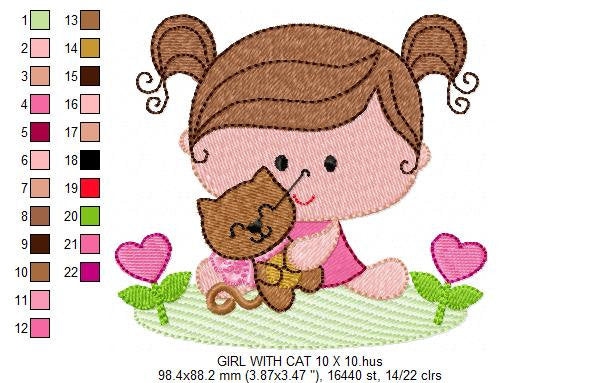 Baby girl embroidery designs - Toddler embroidery design machine embroidery pattern - girl with cat spring garden - instant download