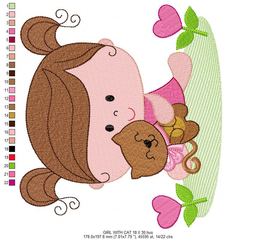 Baby girl embroidery designs - Toddler embroidery design machine embroidery pattern - girl with cat spring garden - instant download
