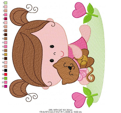 Baby girl embroidery designs - Toddler embroidery design machine embroidery pattern - girl with cat spring garden - instant download