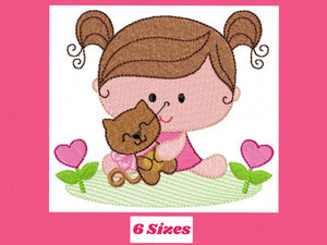 Baby girl embroidery designs - Toddler embroidery design machine embroidery pattern - girl with cat spring garden - instant download