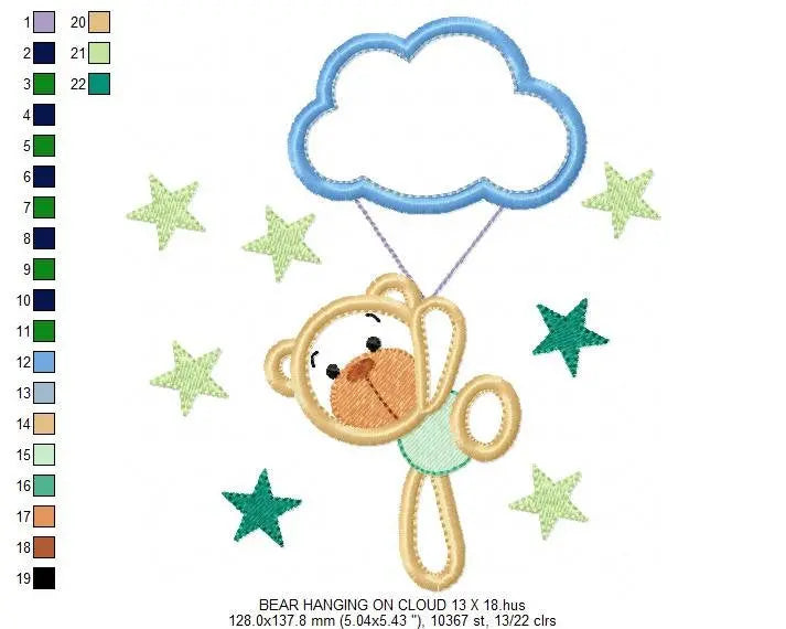 Bear embroidery designs - Cloud embroidery design machine embroidery pattern - bear applique design - Boy embroidery sky embroidery stars Marcia Embroidery