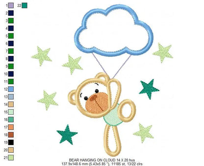 Bear embroidery designs - Cloud embroidery design machine embroidery pattern - bear applique design - Boy embroidery sky embroidery stars Marcia Embroidery