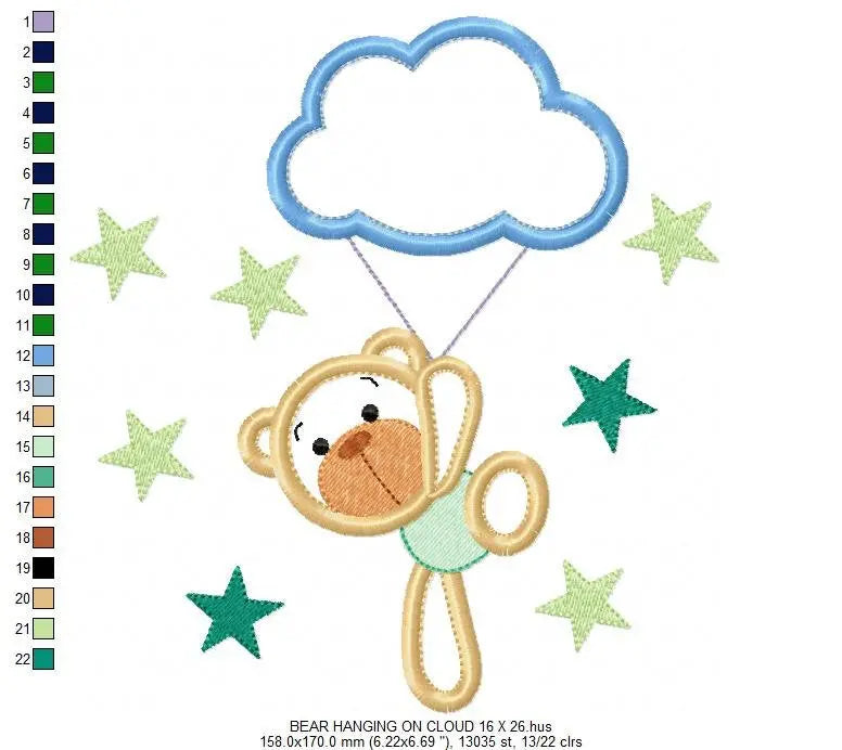Bear embroidery designs - Cloud embroidery design machine embroidery pattern - bear applique design - Boy embroidery sky embroidery stars Marcia Embroidery