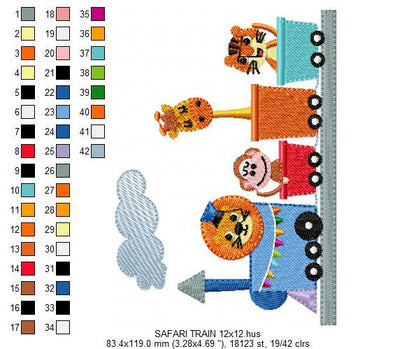 Animals in a train embroidery designs - Lion Monkey Giraffe and Tiger machine embroidery pattern - Train wagon file - Instant download pes