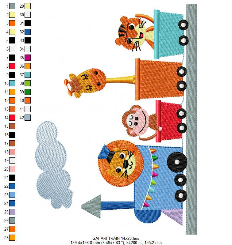 Animals in a train embroidery designs - Lion Monkey Giraffe and Tiger machine embroidery pattern - Train wagon file - Instant download pes