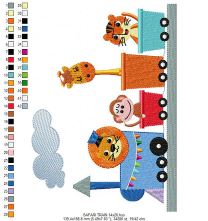 Animals in a train embroidery designs - Lion Monkey Giraffe and Tiger machine embroidery pattern - Train wagon file - Instant download pes
