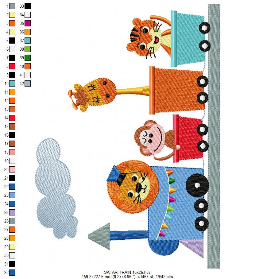 Animals in a train embroidery designs - Lion Monkey Giraffe and Tiger machine embroidery pattern - Train wagon file - Instant download pes
