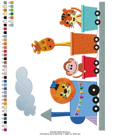 Animals in a train embroidery designs - Lion Monkey Giraffe and Tiger machine embroidery pattern - Train wagon file - Instant download pes
