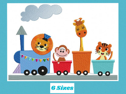 Animals in a train embroidery designs - Lion Monkey Giraffe and Tiger machine embroidery pattern - Train wagon file - Instant download pes