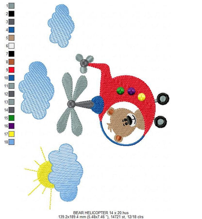 Helicopter embroidery designs - Bear embroidery design machine embroidery pattern - Baby boy embroidery file - Pilot bear design chopper