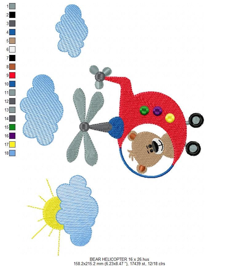 Helicopter embroidery designs - Bear embroidery design machine embroidery pattern - Baby boy embroidery file - Pilot bear design chopper