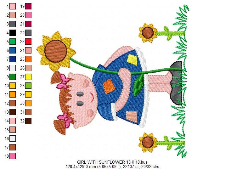 Girl with sunflowers embroidery designs - Baby Girl embroidery design machine embroidery pattern - Spring Sunflower embroidery file download - Marcia Embroidery