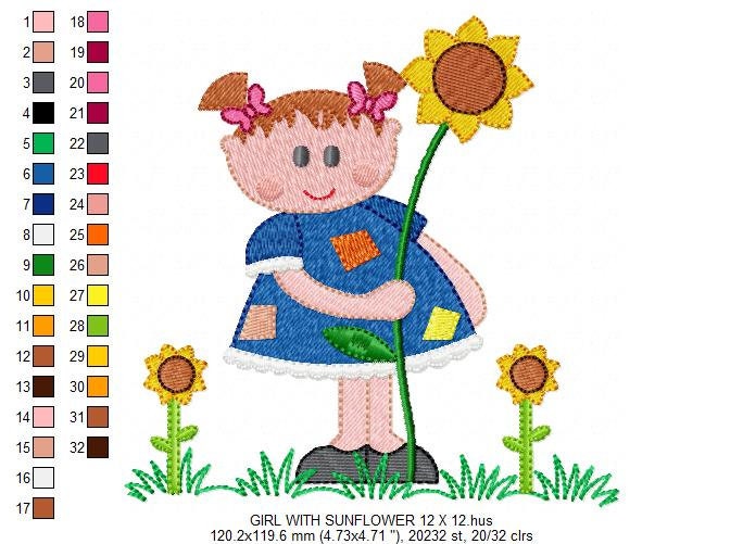 Girl with sunflowers embroidery designs - Baby Girl embroidery design machine embroidery pattern - Spring Sunflower embroidery file download - Marcia Embroidery