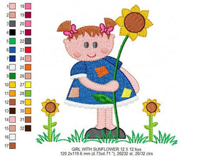 Girl with sunflowers embroidery designs - Baby Girl embroidery design machine embroidery pattern - Spring Sunflower embroidery file download