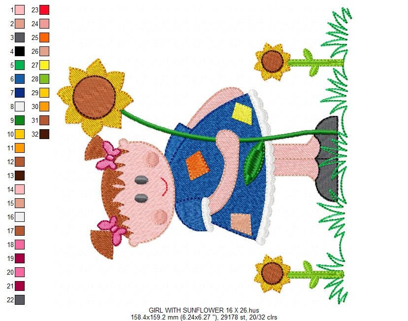 Girl with sunflowers embroidery designs - Baby Girl embroidery design machine embroidery pattern - Spring Sunflower embroidery file download - Marcia Embroidery