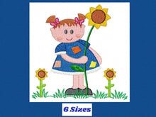 Laden Sie das Bild in den Galerie-Viewer, Girl with sunflowers embroidery designs - Baby Girl embroidery design machine embroidery pattern - Spring Sunflower embroidery file download
