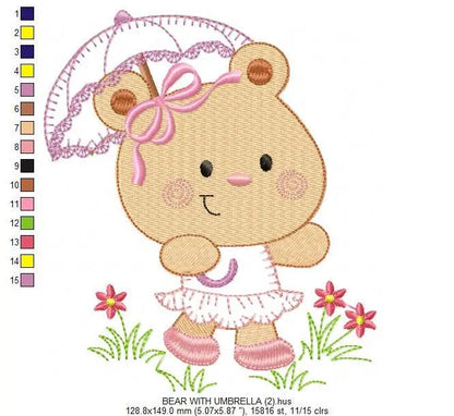 Bear embroidery designs - Teddy embroidery design machine embroidery pattern - Mama bear with umbrella embroidery file - instant download Marcia Embroidery
