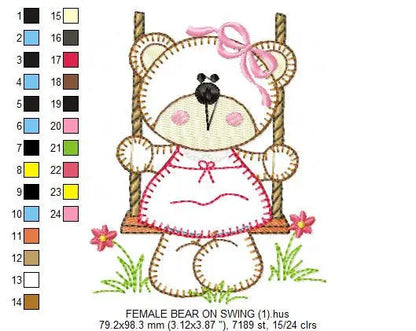 Bear embroidery designs - Baby girl machine embroidery pattern - Bear in swing - Female bear applique design - Instant digital download pes Marcia Embroidery