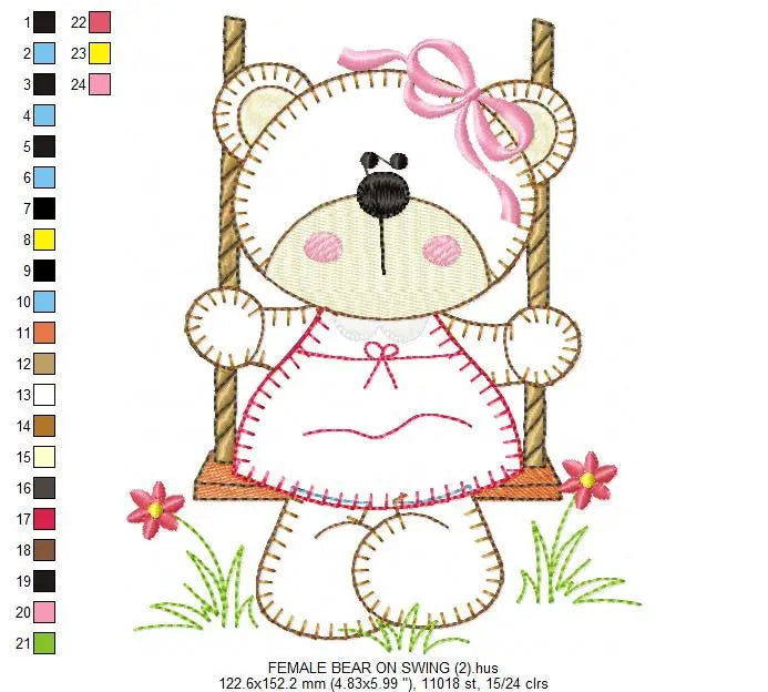 Bear embroidery designs - Baby girl machine embroidery pattern - Bear in swing - Female bear applique design - Instant digital download pes Marcia Embroidery