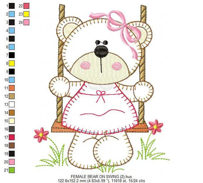 Bear embroidery designs - Baby girl machine embroidery pattern - Bear in swing - Female bear applique design - Instant digital download pes Marcia Embroidery