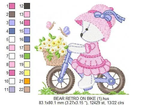 Bear embroidery designs - Baby girl embroidery design machine embroidery pattern - female bear in a bike embroidery file - full fill stitch Marcia Embroidery