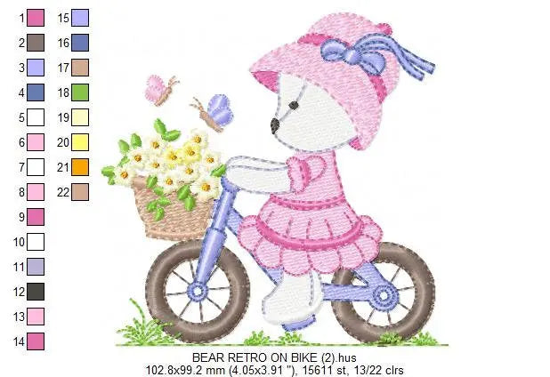 Bear embroidery designs - Baby girl embroidery design machine embroidery pattern - female bear in a bike embroidery file - full fill stitch Marcia Embroidery