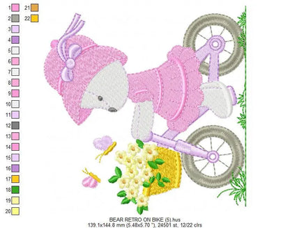 Bear embroidery designs - Baby girl embroidery design machine embroidery pattern - female bear in a bike embroidery file - full fill stitch Marcia Embroidery