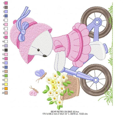 Bear embroidery designs - Baby girl embroidery design machine embroidery pattern - female bear in a bike embroidery file - full fill stitch Marcia Embroidery