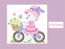 Laden Sie das Bild in den Galerie-Viewer, Bear embroidery designs - Baby girl embroidery design machine embroidery pattern - female bear in a bike embroidery file - full fill stitch
