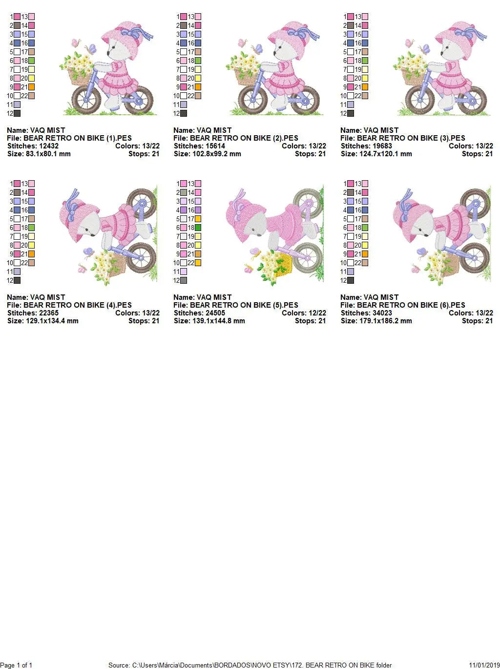 Bear embroidery designs - Baby girl embroidery design machine embroidery pattern - female bear in a bike embroidery file - full fill stitch Marcia Embroidery
