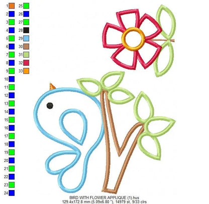 Bird embroidery designs - Bird with Flower applique machine embroidery pattern - Easy Bird applique design - Instant download pes jef dst Marcia Embroidery