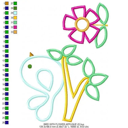 Bird embroidery designs - Bird with Flower applique machine embroidery pattern - Easy Bird applique design - Instant download pes jef dst Marcia Embroidery