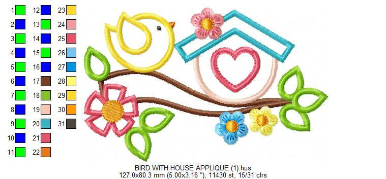 Birdhouse with flowers embroidery designs - Tree Bird applique embroidery machine pattern - Kitchen towel - Instant download pes jef dst vp3